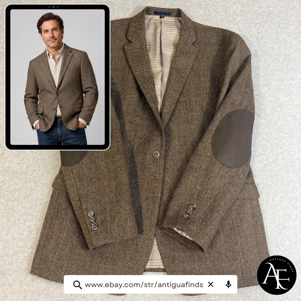 Jos. A. Bank 1905 Tailored Fit Brown Herringbone Wool Blazer Elbow Patches 42R
